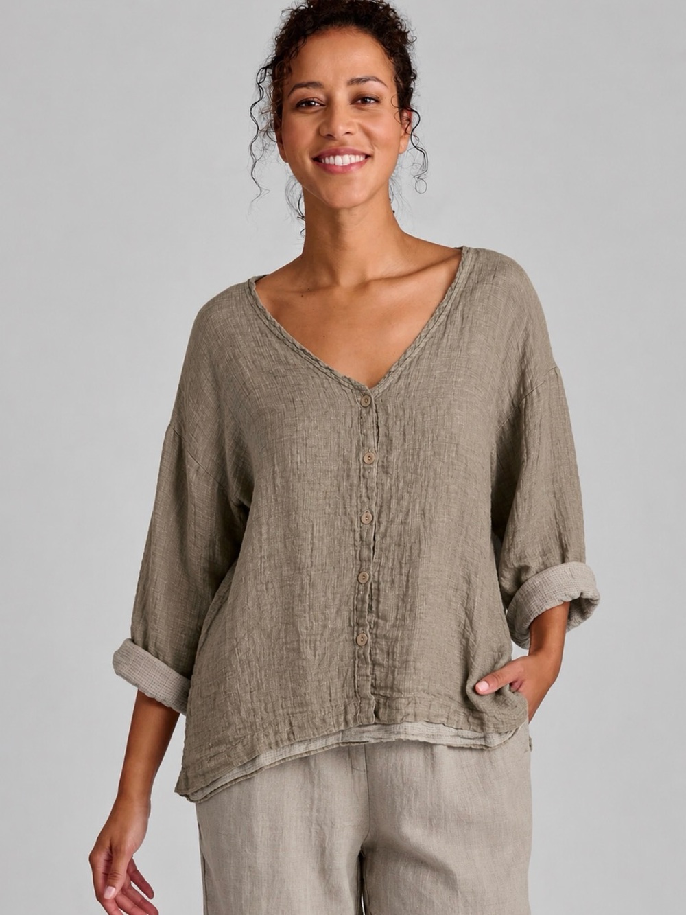 FLAX Tunic Shirt Womens S Tan Linen Button Long Sleeve Casual Top Oversized